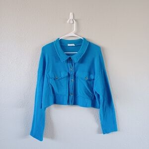 Blue Women's Cropped Button Down Collared Long Sleeve Top